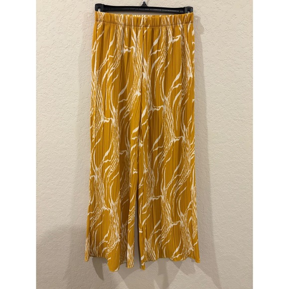 Rafaella Pants - Rafaella Mustard Yellow White Abstract Pleated Wide Leg Pants Small
